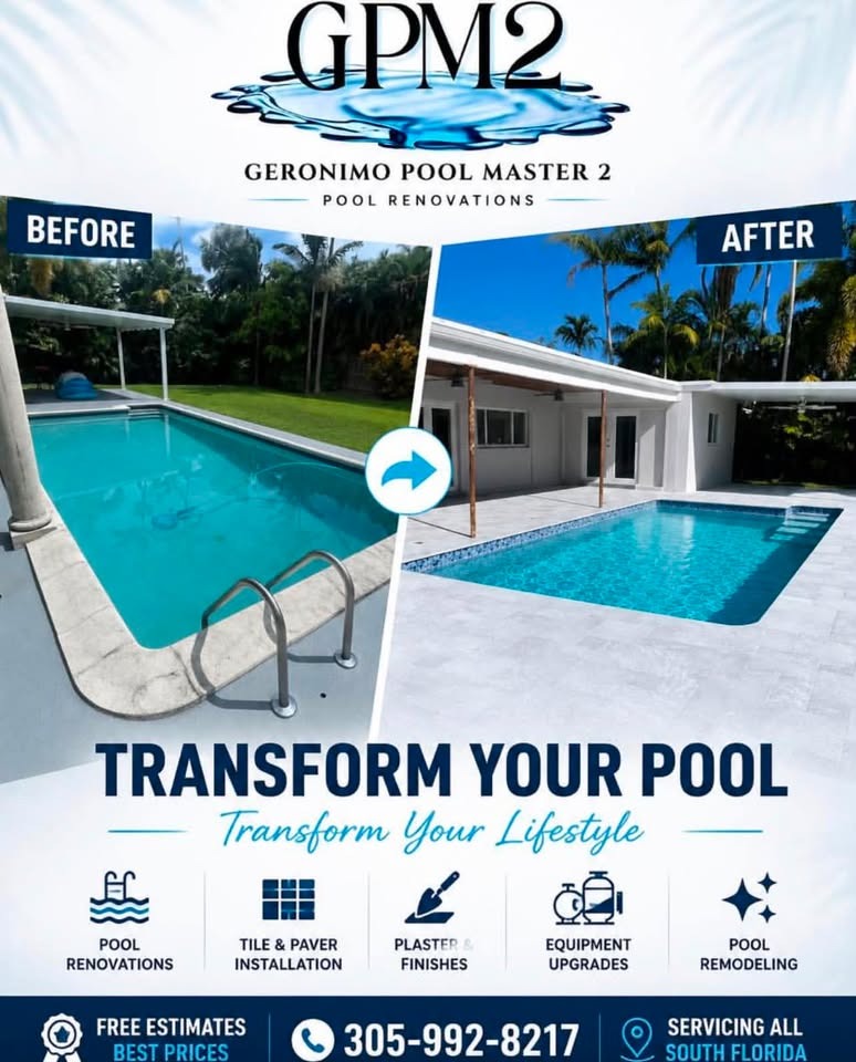 Geronimo Pool Master 2 before and after transformation flyer and contact card